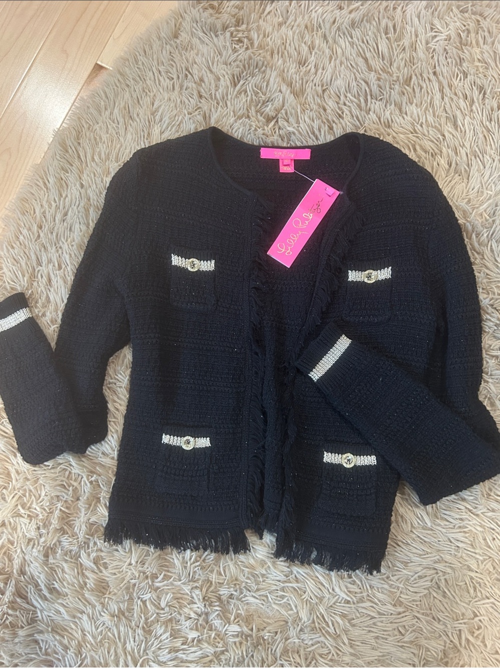 Lilly Pulitzer Black Tweed Fringe Knit Jacket with Metallic Trim